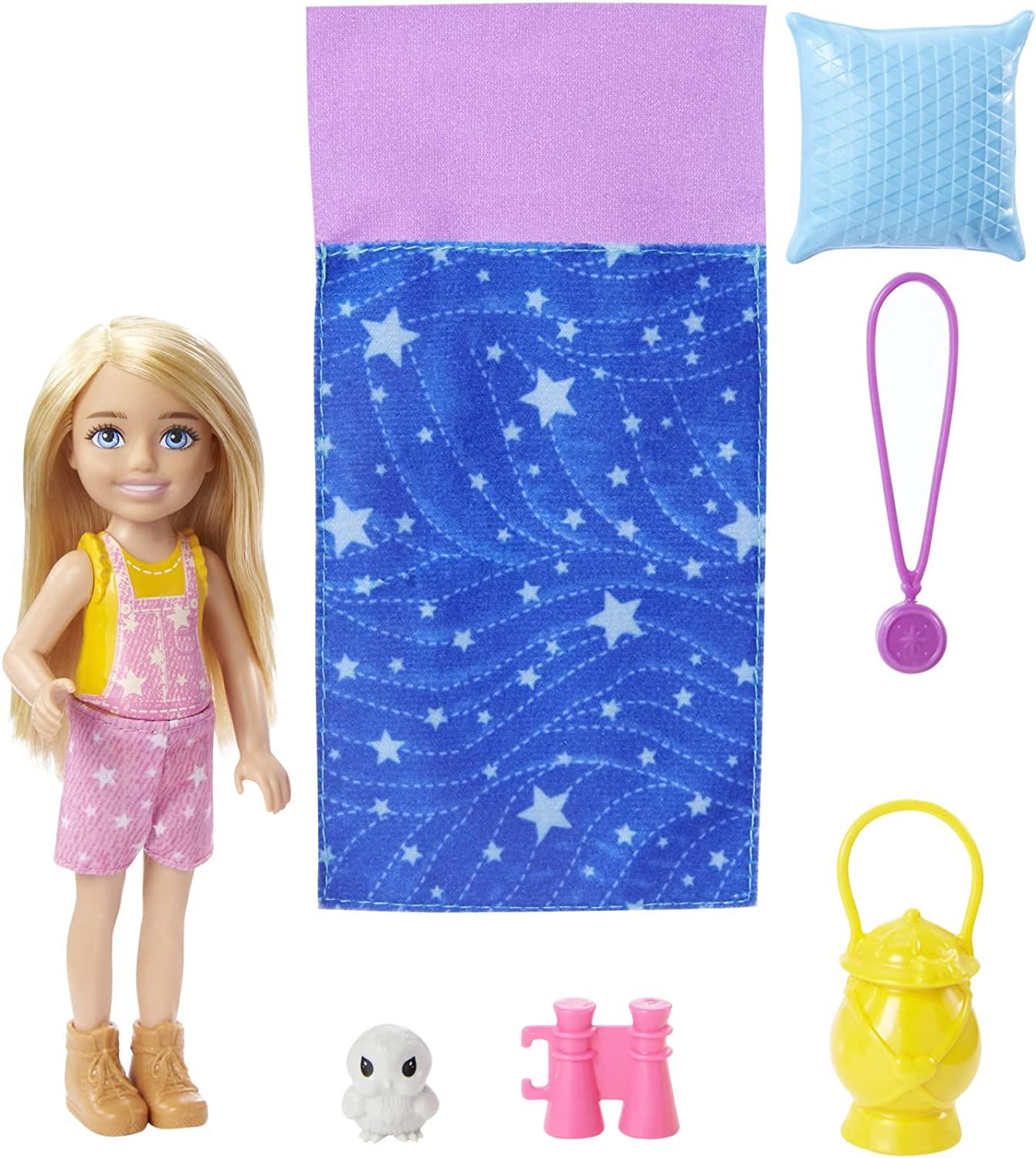 BARBIE Doll Figure With Owl and Accessories 'It Takes Two' Chelsea Camping (HDF77)