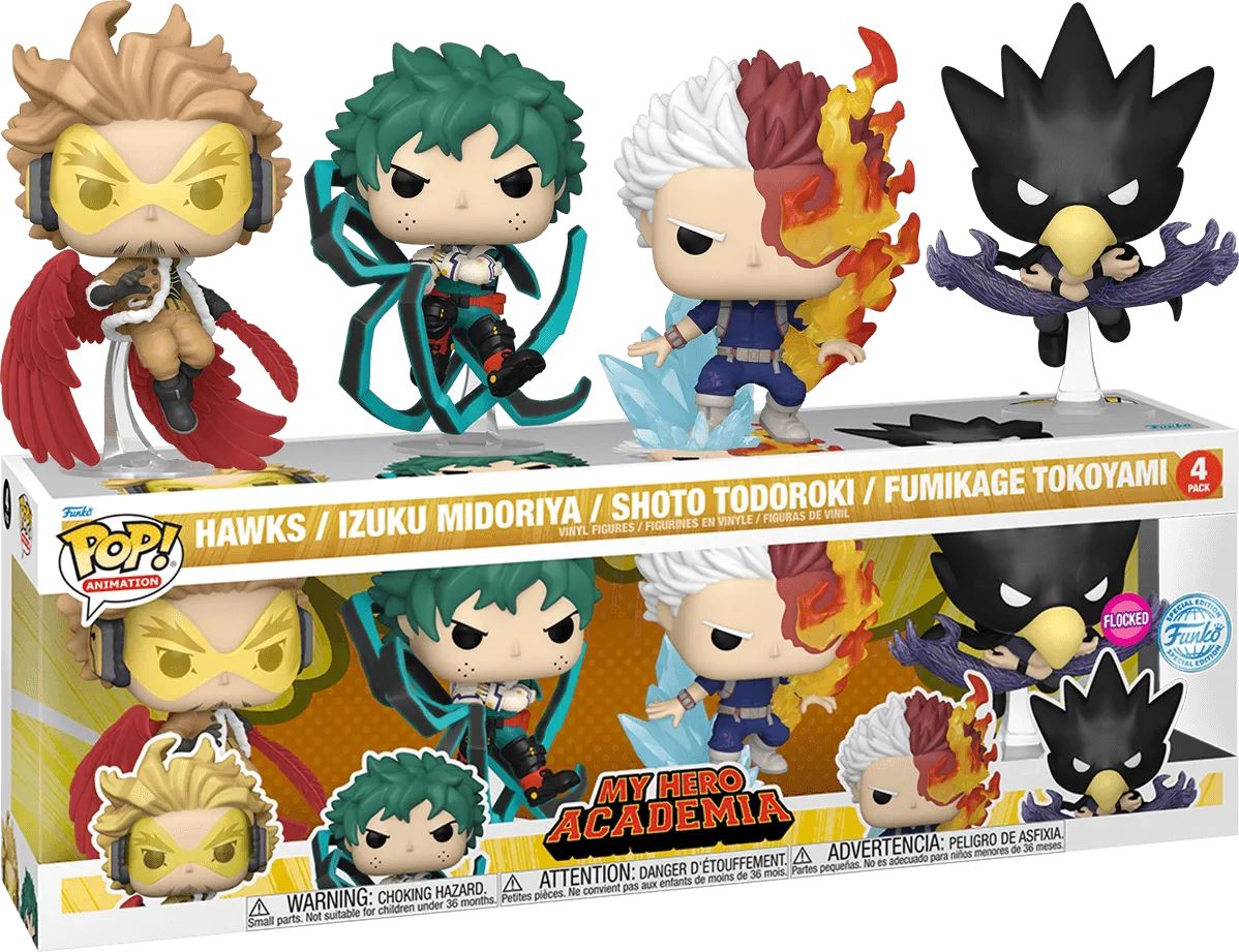 Hawks, Izuku Midoriya, Shoto Todoroki & Fumikage Tokoyami 4-Pack 78045 – My Hero Academia Flocked Special Edition Pop! Vinyl Figures Set 3.75″